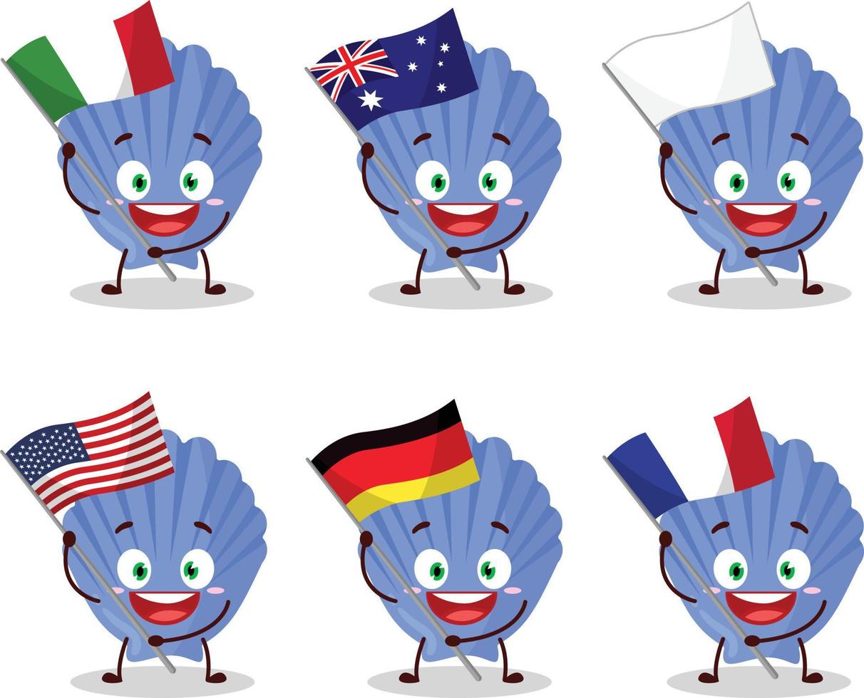 azul cáscara dibujos animados personaje traer el banderas de varios países vector