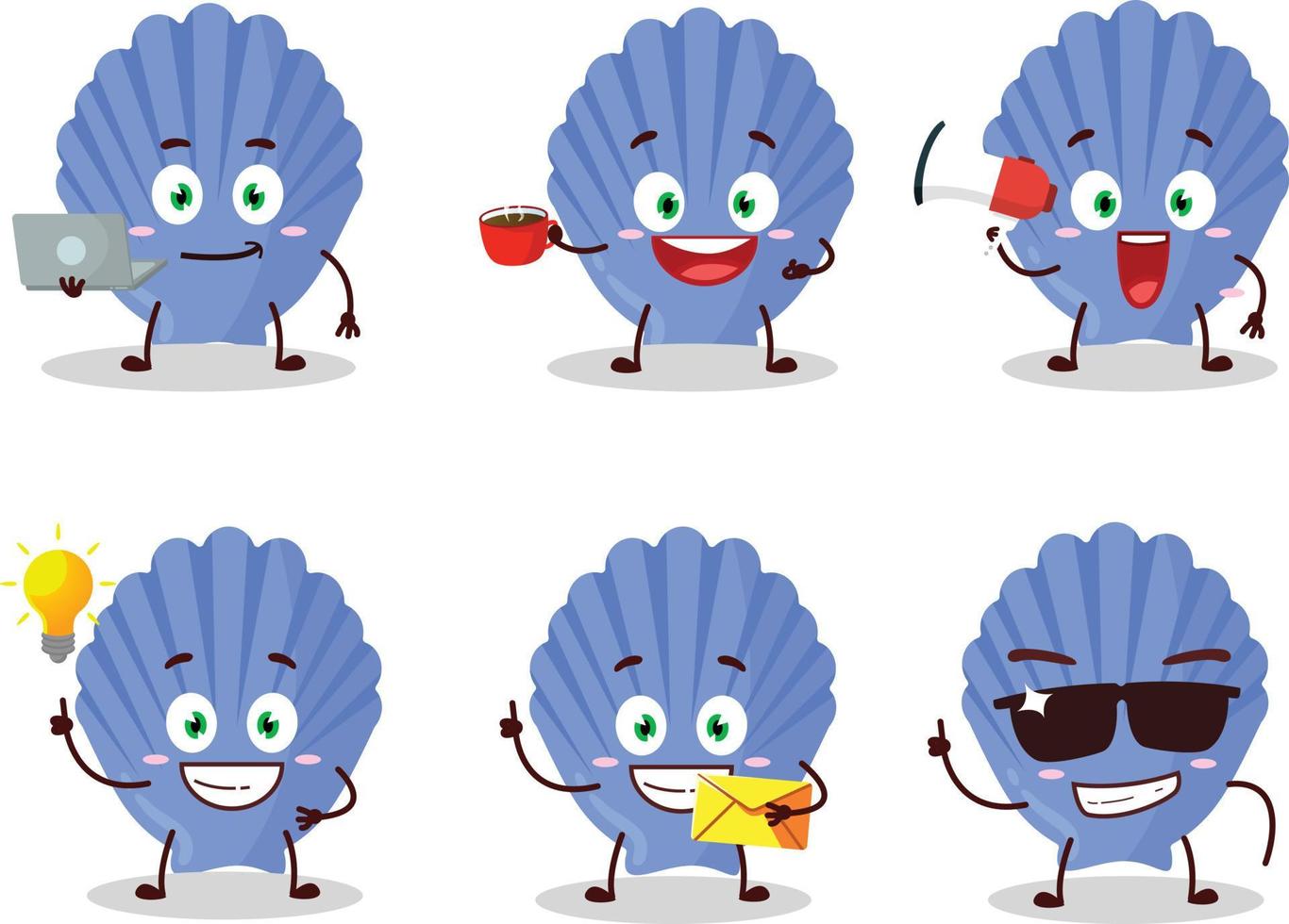 Blue shell cartoon character with various types of business emoticons vector