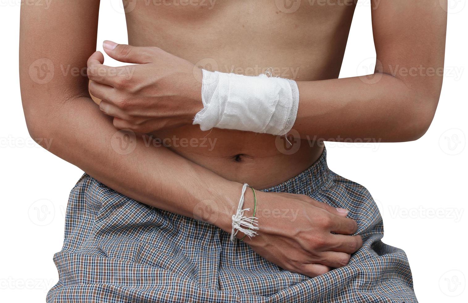 gauze bandage patient with hand wrap injury isolated on white background and clipping path photo