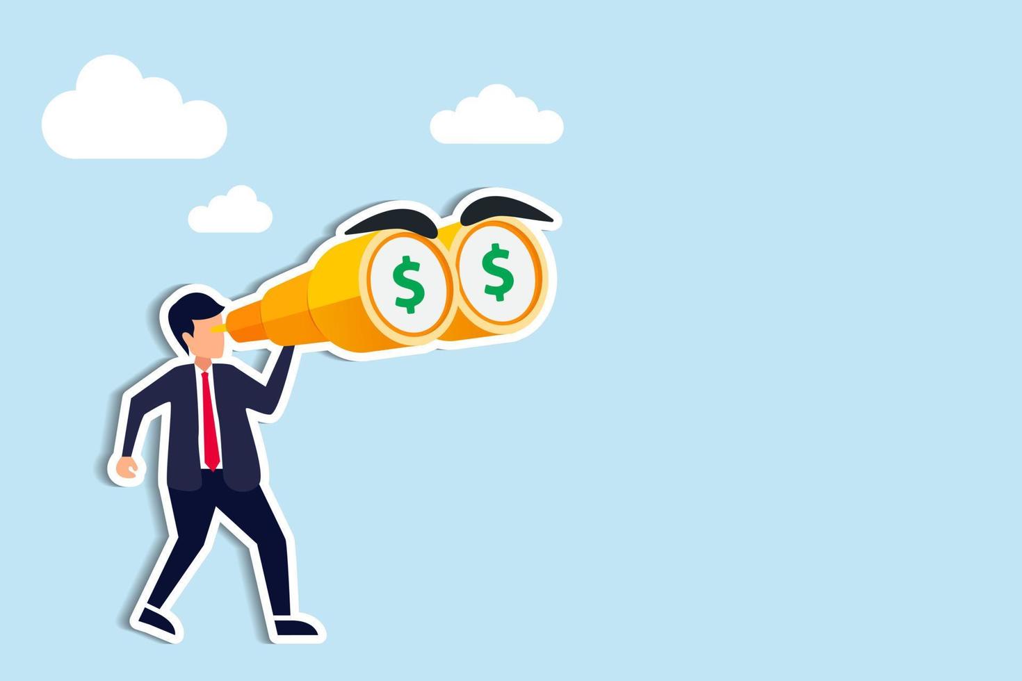 Looking for investment opportunity, money visionary, searching for yield, dividend or profit in stock market concept, wealthy businessman investor look through binoculars to see money dollar sign vector