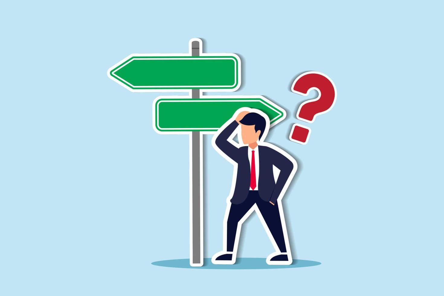 Choosing between 2 choices, make decision to the left or right, thinking in difficult situation, confusion concept, businessman thinking with question mark choose between 2 direction with copy space vector