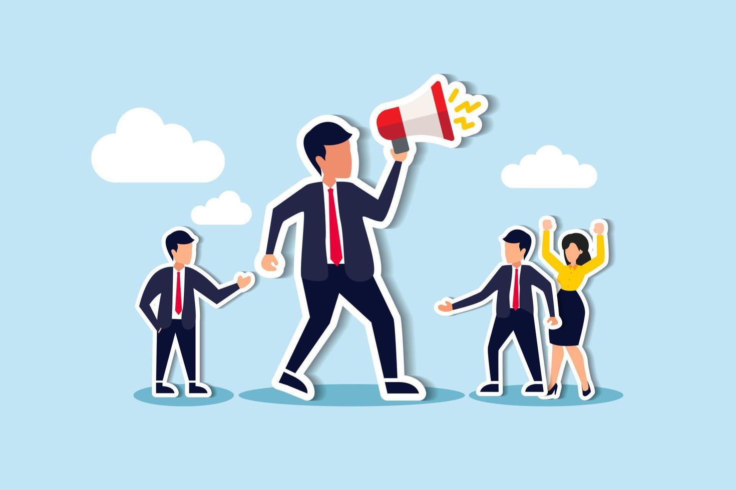 Dominant leader, bossy manager using authority power to order and control employee to work, contrast and conflict management concept, giant businessman manager using megaphone to order employee vector