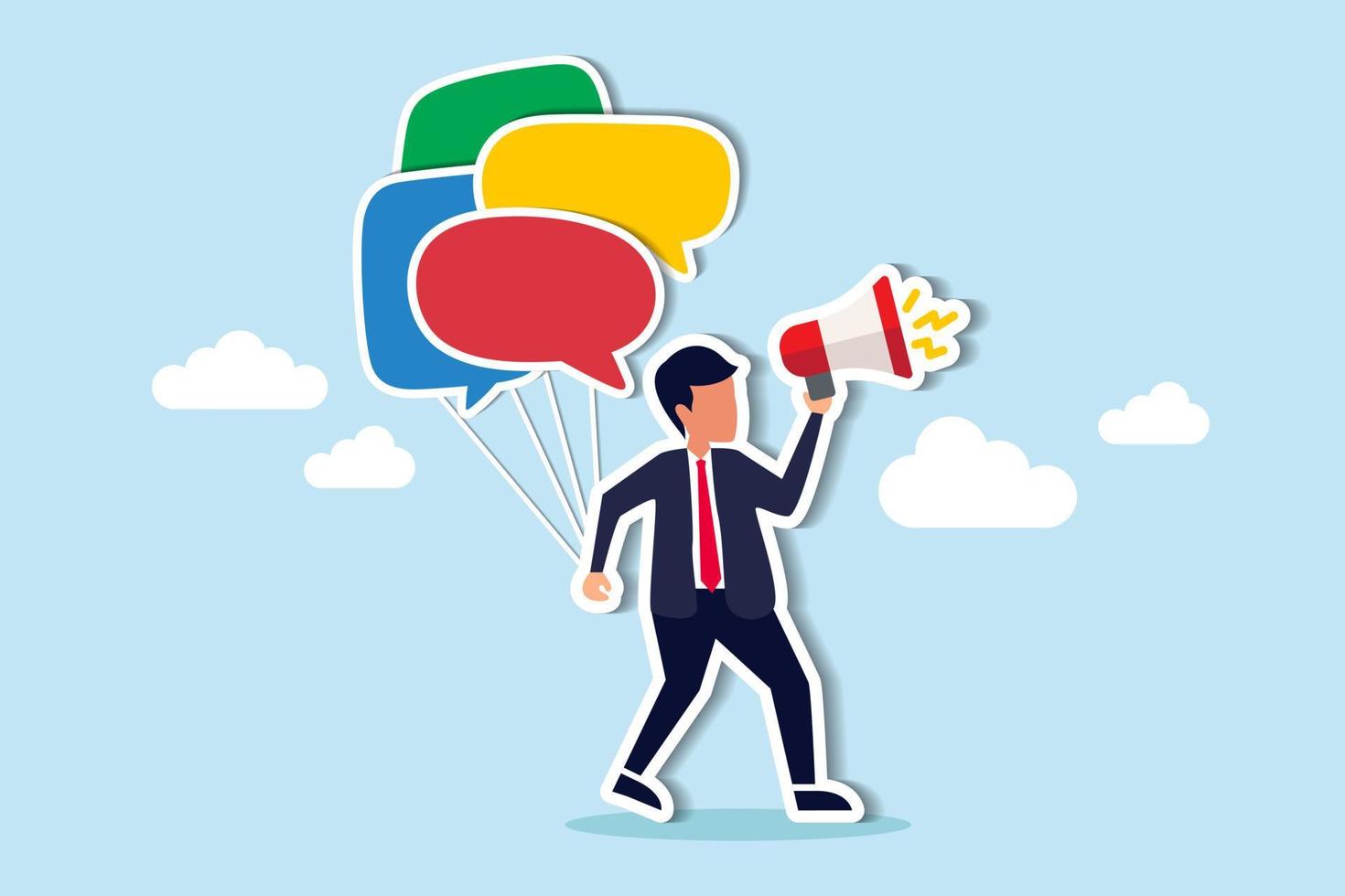 Communication or PR, Public Relations manager to communicate company information and media, announce sales or promotion concept, businessman holding speech bubble balloons while talking on megaphone vector