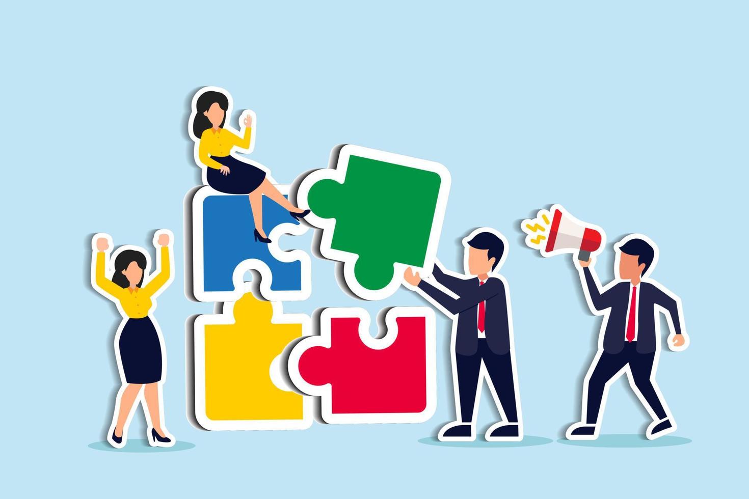 Employee improve involvement employee success together, increase value and workplace motivation, happy business people, employees help complete jigsaw with lleader's instructions in office vector