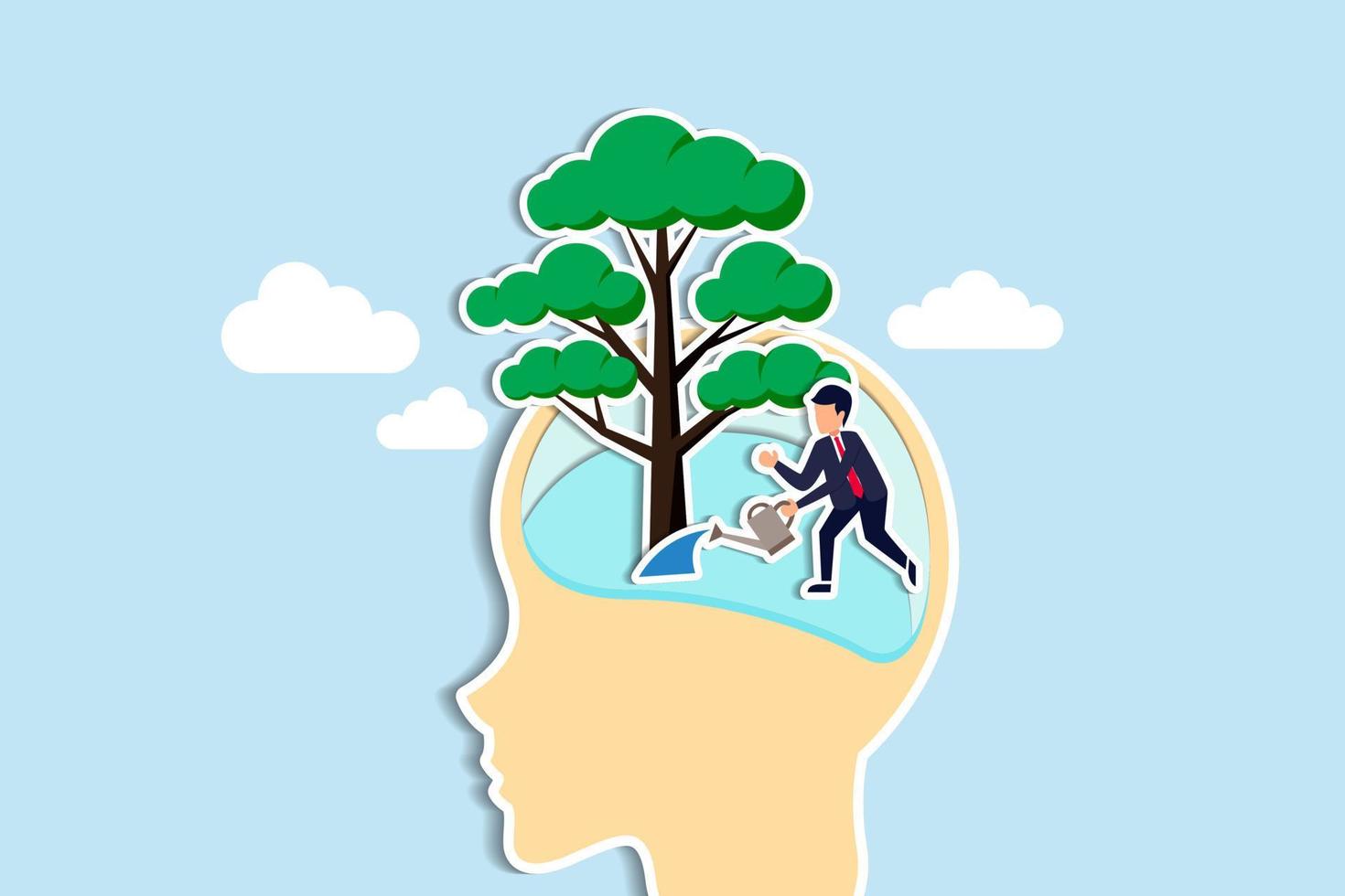 Growth mindset, personal development or improvement, training to believe to success, motivation or coaching, growing attitude concept, man watering on plantation seedling growing from head brain vector