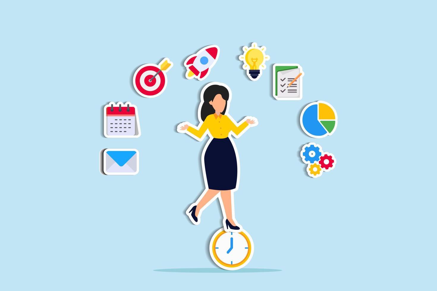 Productive woman, multitasking or time management professional, productivity or entrepreneurship, work efficiency or organize schedule, productive business woman balance on clock managing multitasks vector