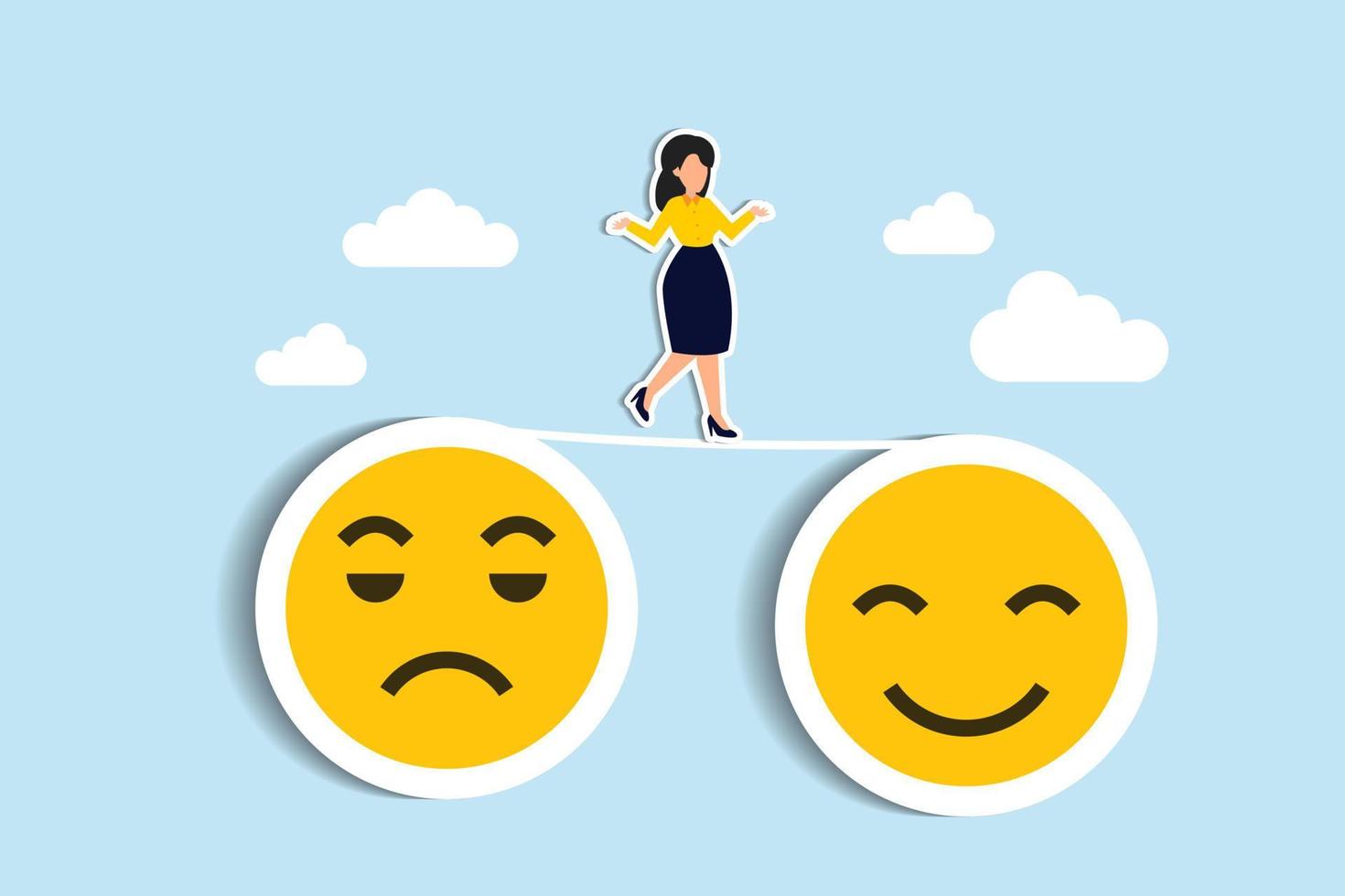 Relaxation make anxiety or stressed to happy, optimistic relief or metal illness therapy, bipolar disorder or mindful thinking concept, depressed woman walk the line from sadness to smile face vector