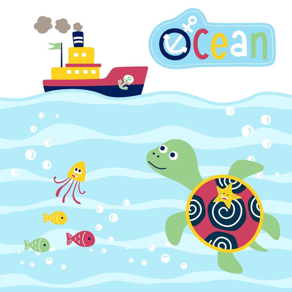 vector cartoon of marine animals with cargo ship