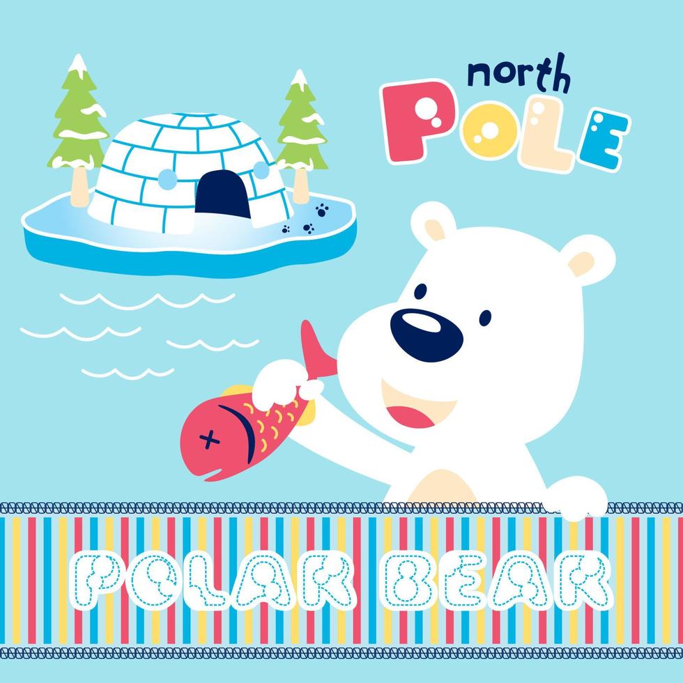 vector cartoon of cute polar bear holding fish with igloo and trees