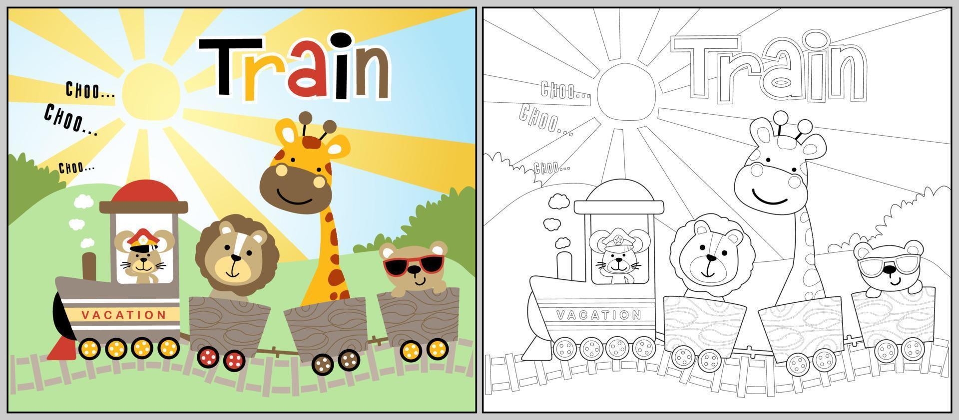 Funny animals cartoon on steam train. Coloring book or page vector