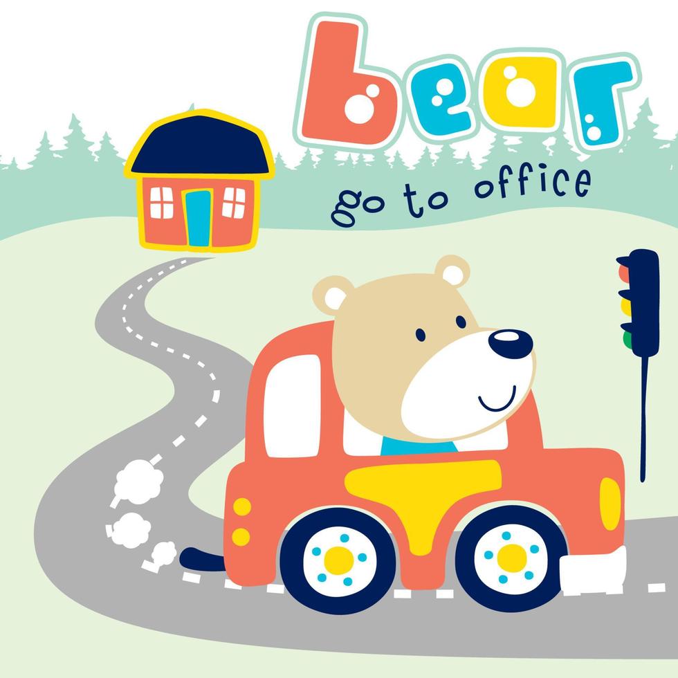 vector dibujos animados de oso conducción coche en la carretera pueblo