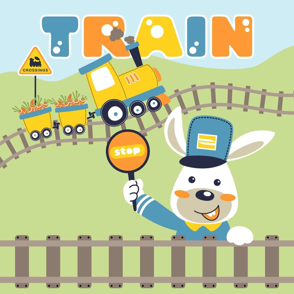 vector cartoon of funny rabbit with steam train