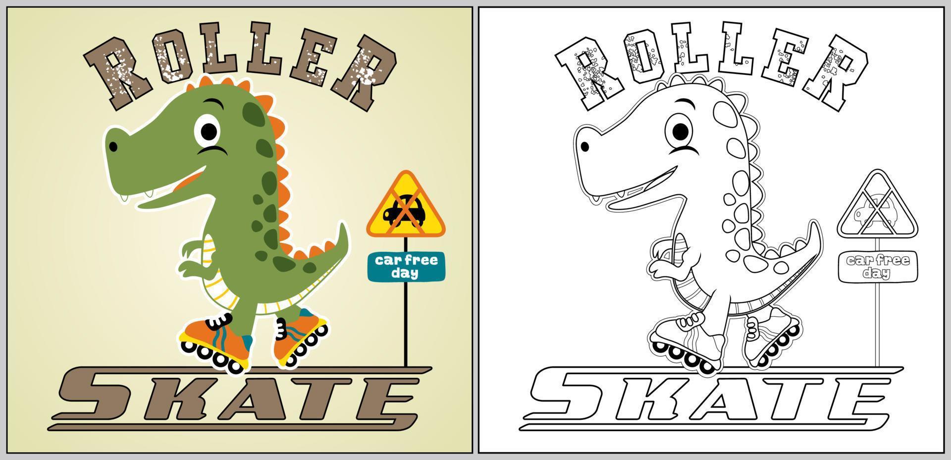 Funny dinosaur playing rollerskate, vector cartoon, coloring page or book