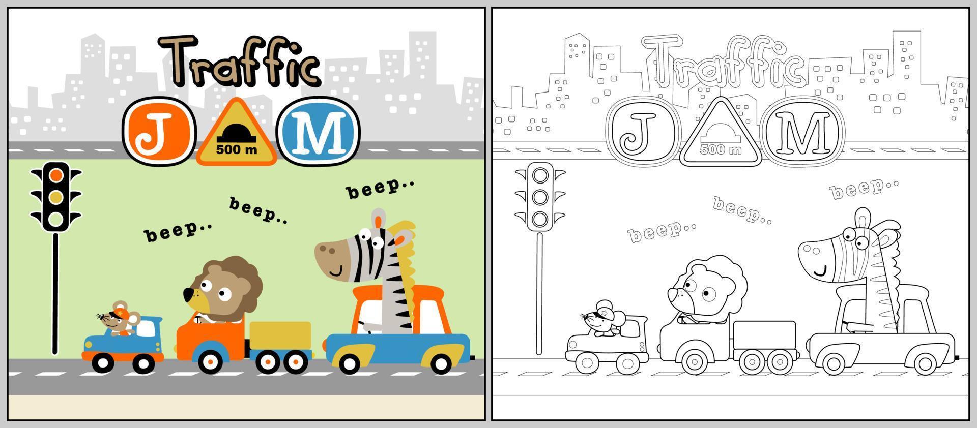 Funny animals cartoon on car in traffic jam, coloring book or page vector