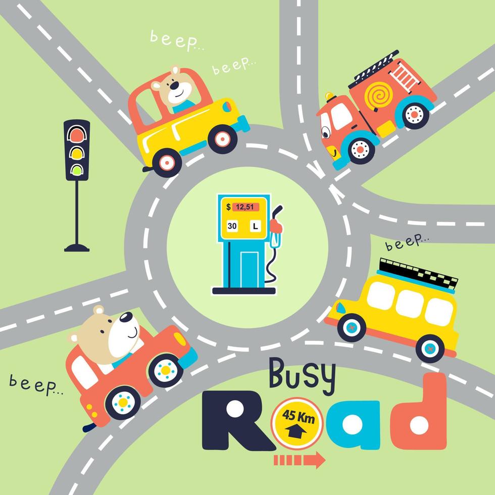 vector cartoon of funny bear on car, colorful vehicles in ring road with traffic element