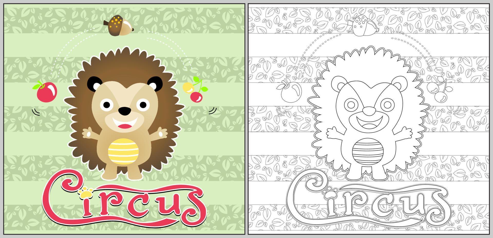 Vector cartoon illustration of cute hedgehog juggling fruits in circus show, coloring page or book