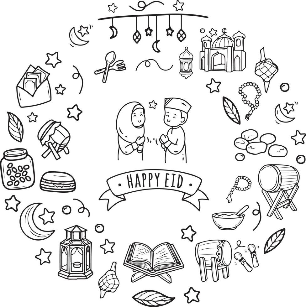 A line art doodle of Eid and Ramadhan icons. Suitable for poster, banner, invitation card, note book cover, presentation, gift design, etc vector