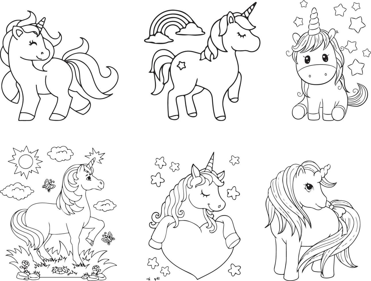 Set of various unicorn. Black and white vector illustration for coloring book