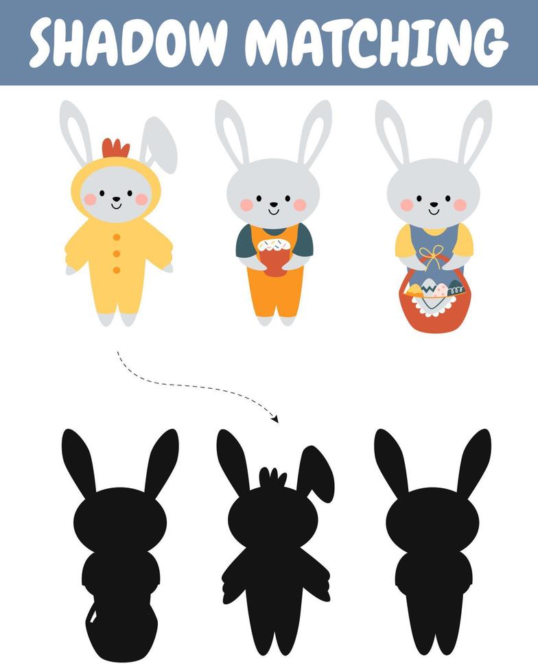 linda conejitos, conejos sombra pareo actividad para niños. contento Pascua de Resurrección. encontrar el correcto silueta imprimible hoja de cálculo. vector kawaii dibujos animados ilustración para ortodoxo Pascua de Resurrección.