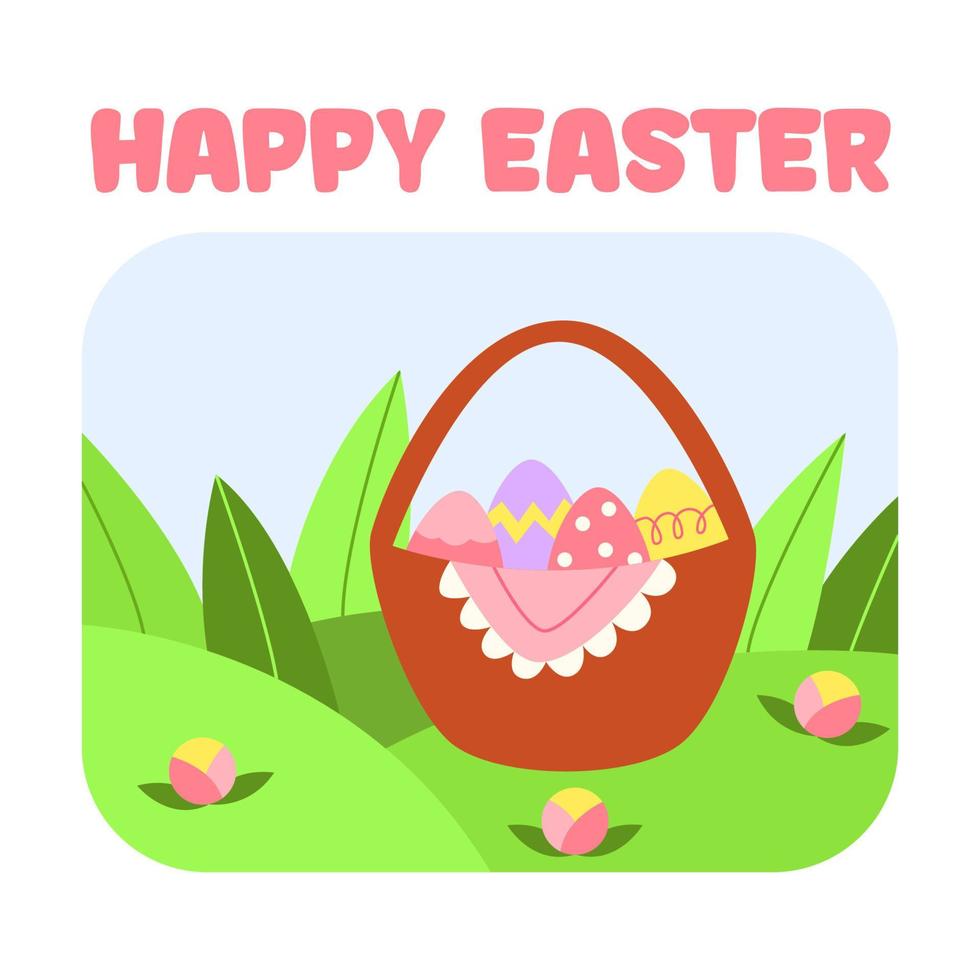 Spring easter cute eggs basket with leaf and flowers. Cartoon present, Happy Easter. Vector illustration for print, stickers, banner, poster, card.