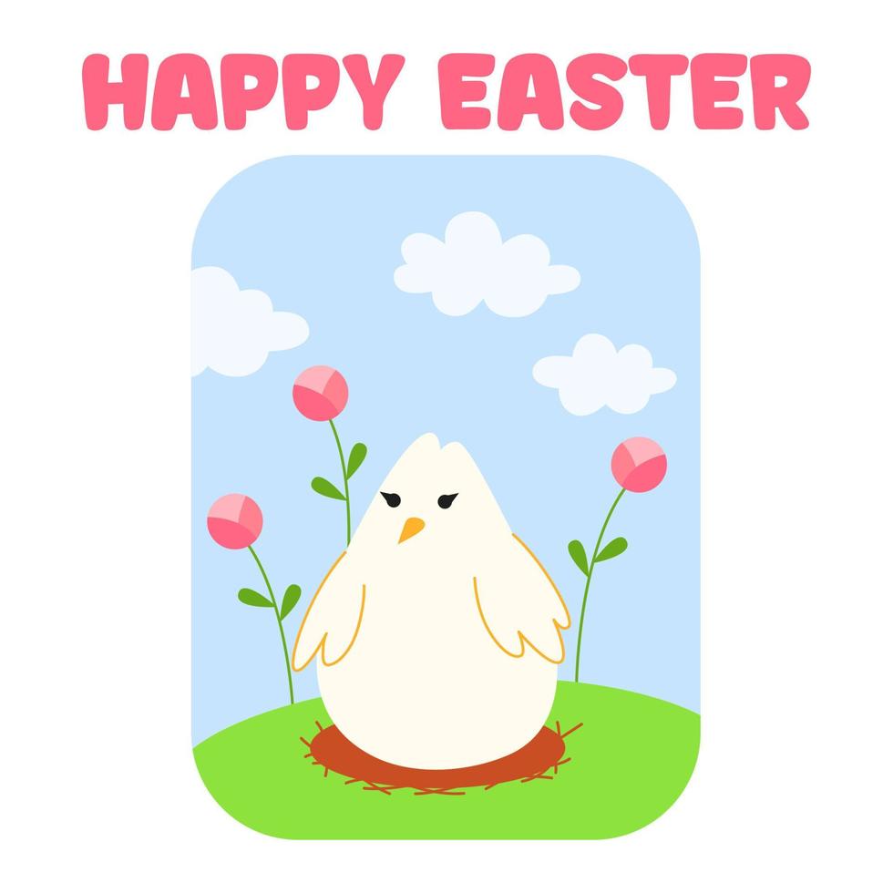 Spring easter cute chicken with flowers and clouds. Cartoon bird, Happy Easter. Vector illustration for print, stickers, banner, poster, card.