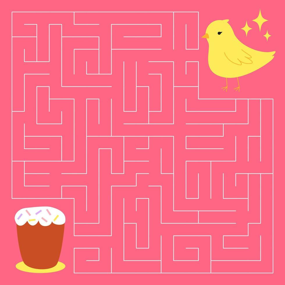 Spring maze game for kids. Cute chicken looking for a way to the easter cake. Happy easter. Printable worksheet. Vector cartoon illustration for Orthodox easter.
