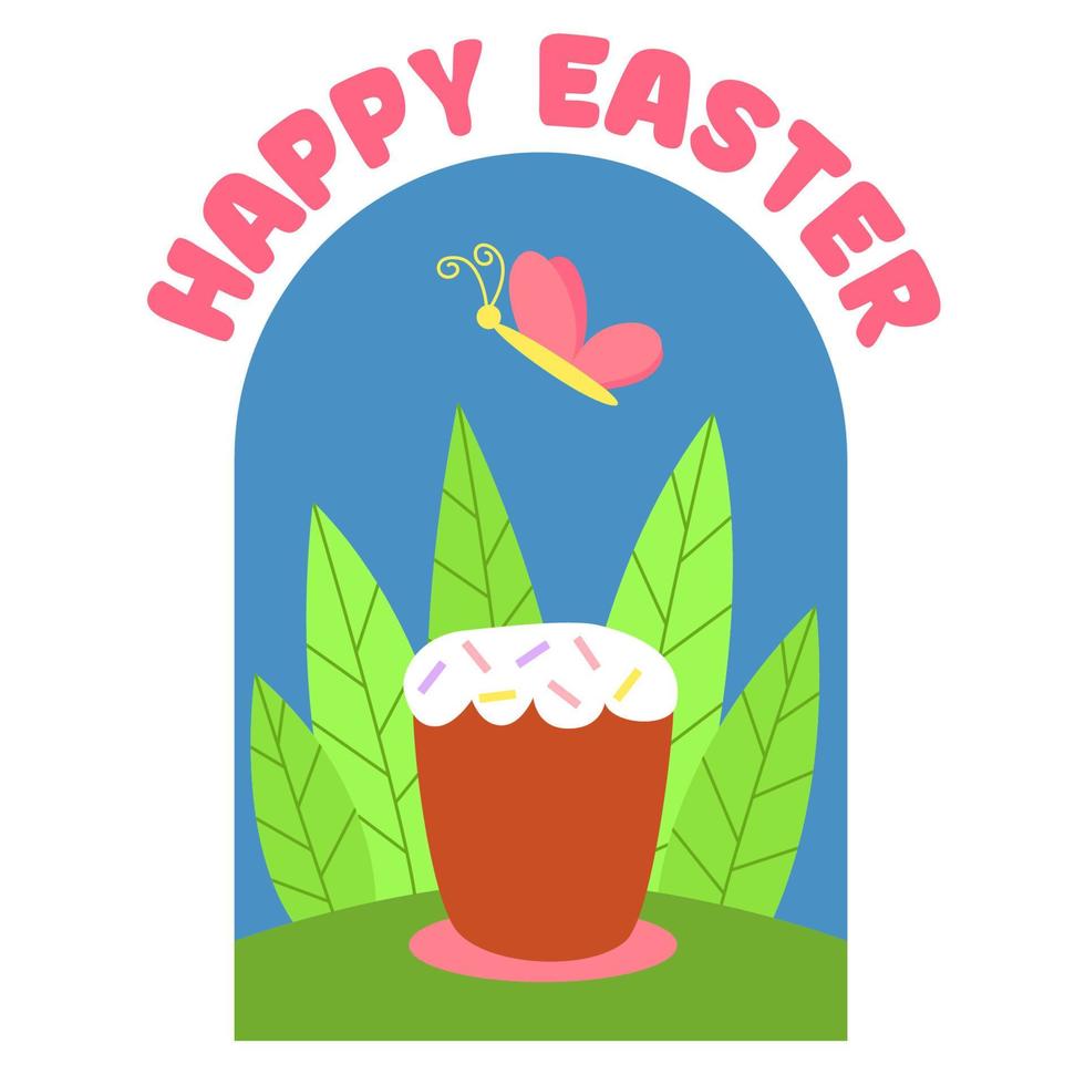 Spring easter cute cake with leaf and butterfly. Cartoon kulich, Happy Easter. Vector illustration for print, stickers, banner, poster, card.