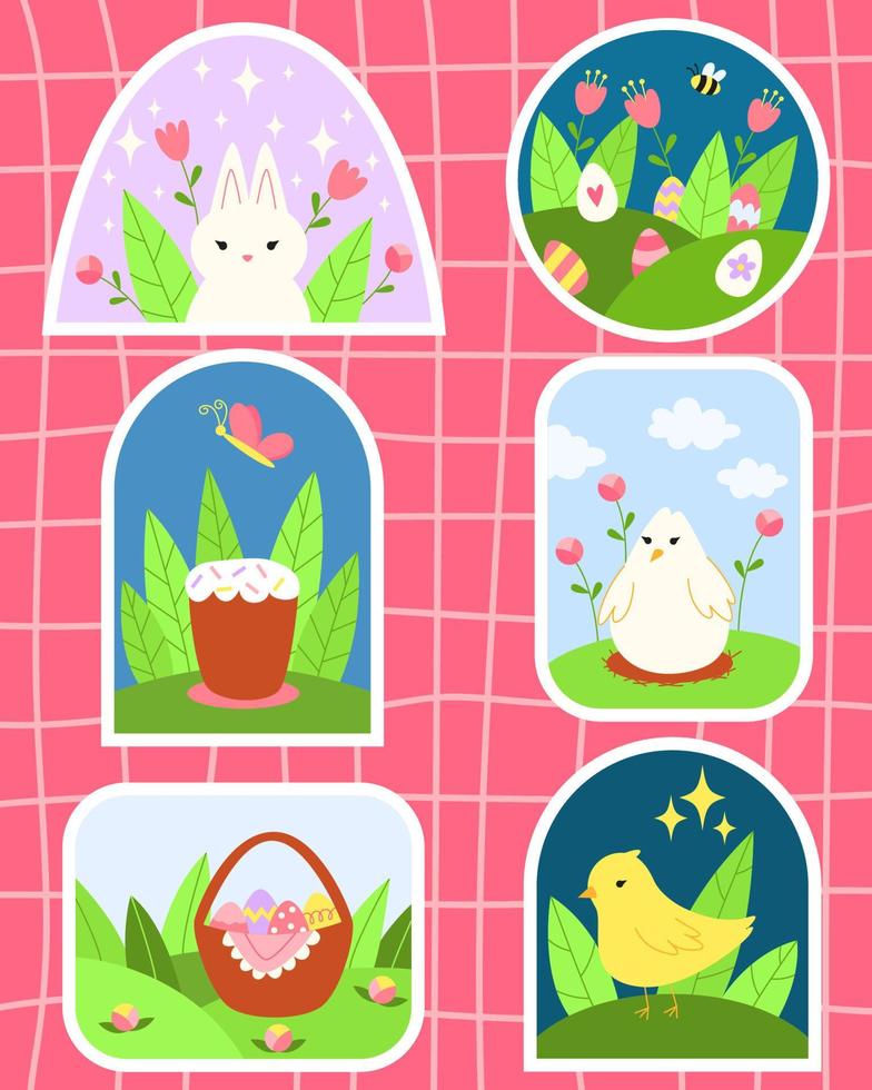 Spring Easter sticker Set with cute animal characters and garden elements. Cartoon easter bunny, eggs in basket, flowers, easter cake, chickens and birds. vector