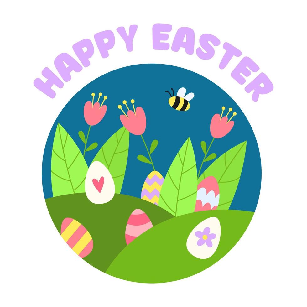 Spring easter cute eggs with leaf and flowers. Cartoon eggs search, Happy Easter. Vector illustration for print, stickers, banner, poster, card.