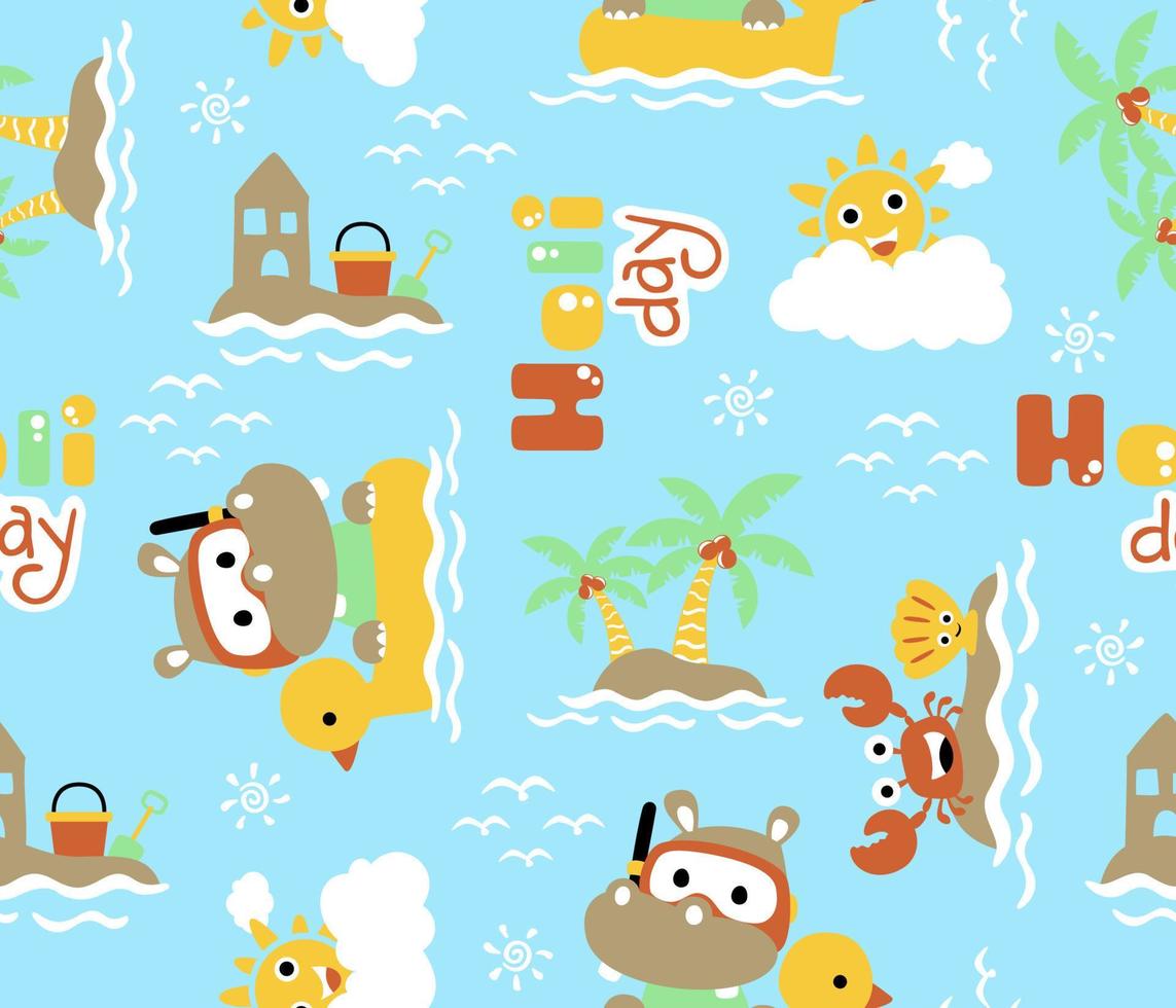 seamless pattern vector of cartoon hippo on duck swim ring with summer beach holiday elements