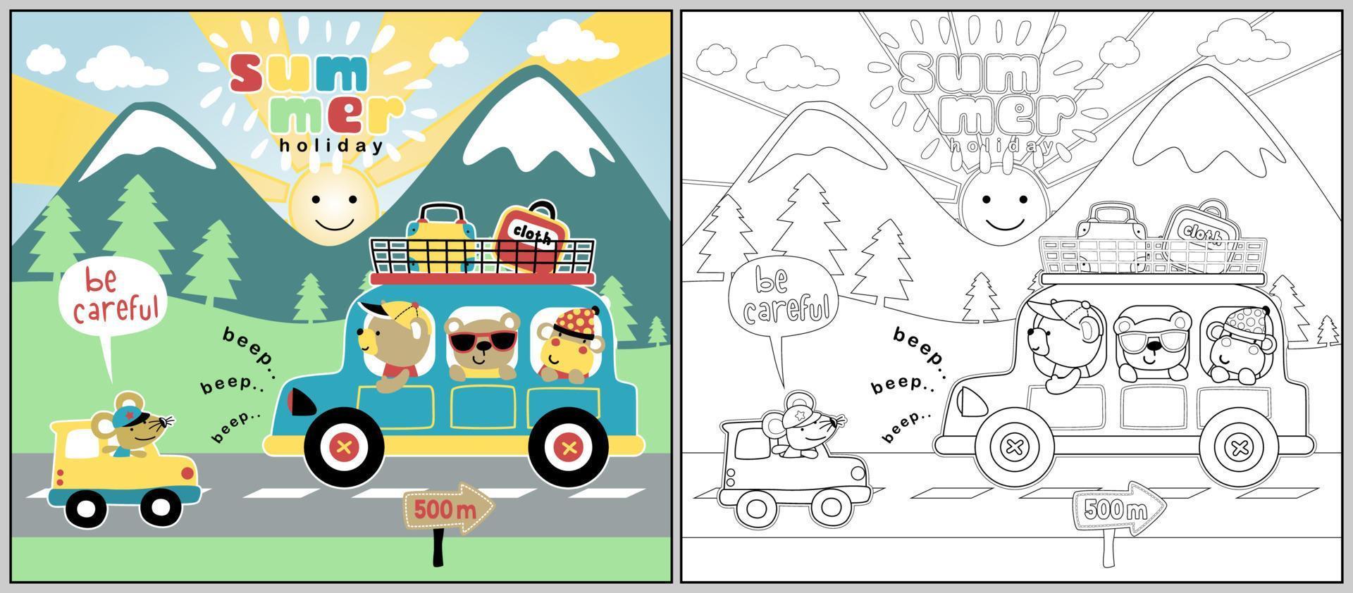 Funny animals cartoon on car with rural scenery background, coloring book or page vector