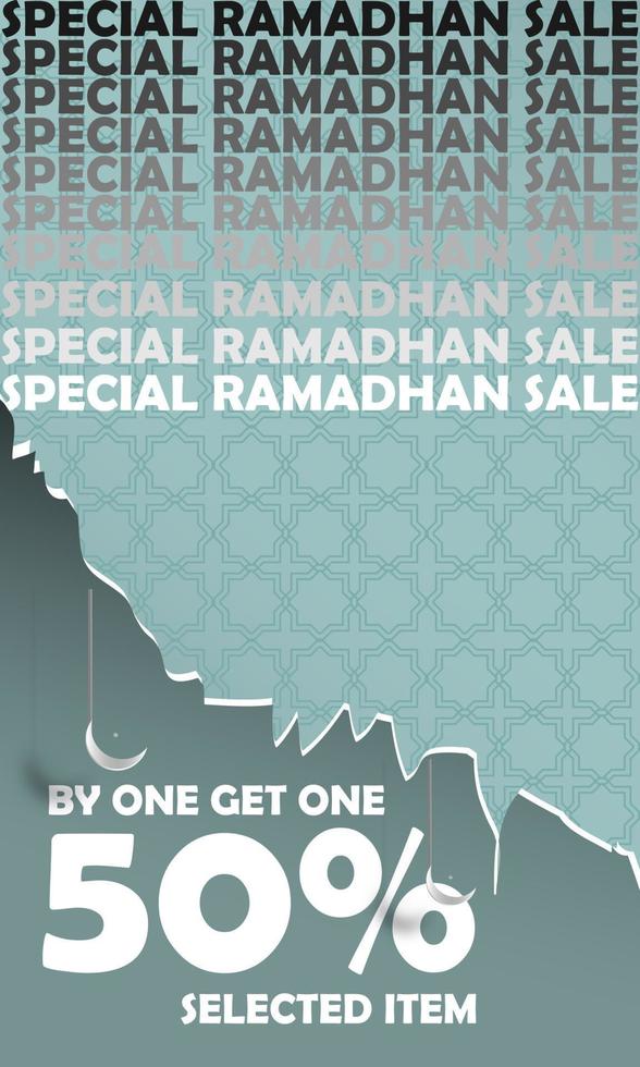 bandera rebaja 50 apagado seleccionado Ramadán especial artículos con islámico 3d ornamento pastel azul color atractivo elegante sencillo eps 10 vector