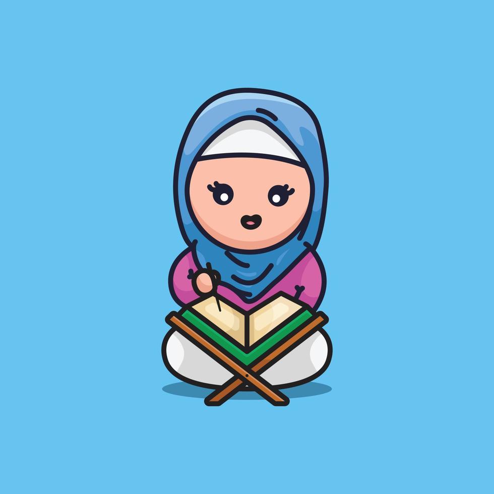 Cute girl sitting and reading al quran cartoon illustration moslem people religion vector