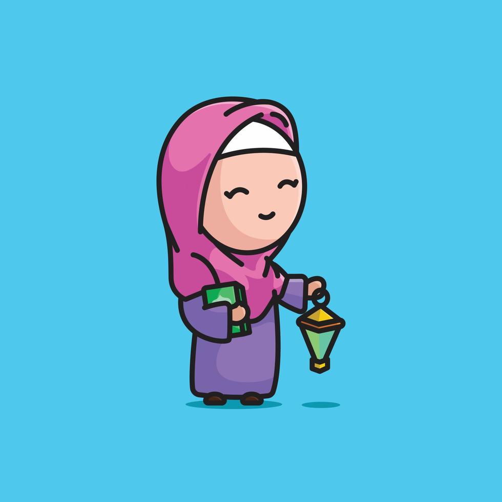 Cute girl moslem bring al quran and lentera lamp cartoon illustration people religion vector