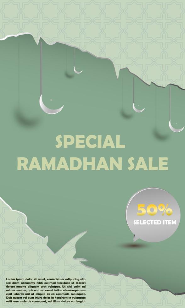 bandera rebaja 50 apagado seleccionado Ramadán especial artículos con islámico 3d ornamento pastel verde color atractivo elegante sencillo eps 10 vector