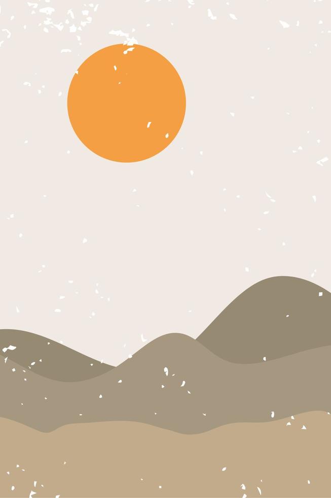 Abstract contemporary aesthetic background with desert, mountains, Sun. Earth tones, burnt orange, terracotta colors. Boho wall decor. Mid century modern minimalist art print. Organic shape Vector