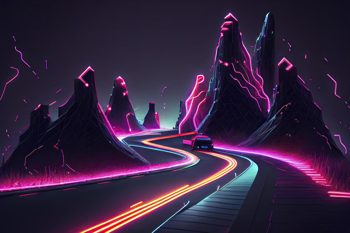 Roadmap design, neon glowing, forward movement, dark environment created photo