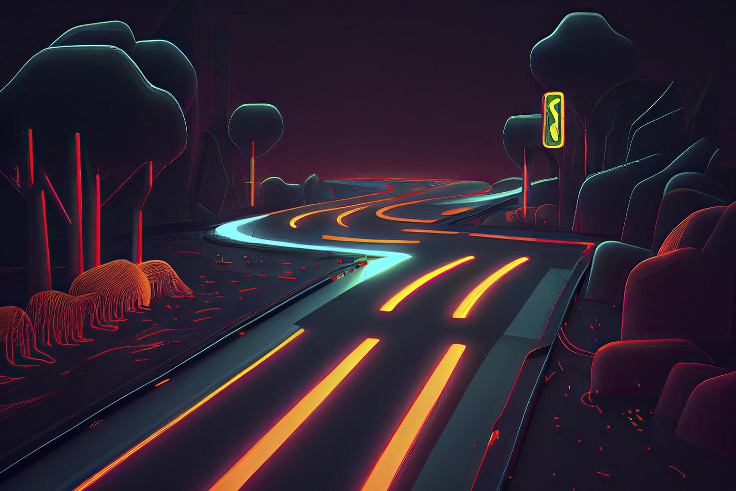 Roadmap design, neon glowing, forward movement, dark environment created photo