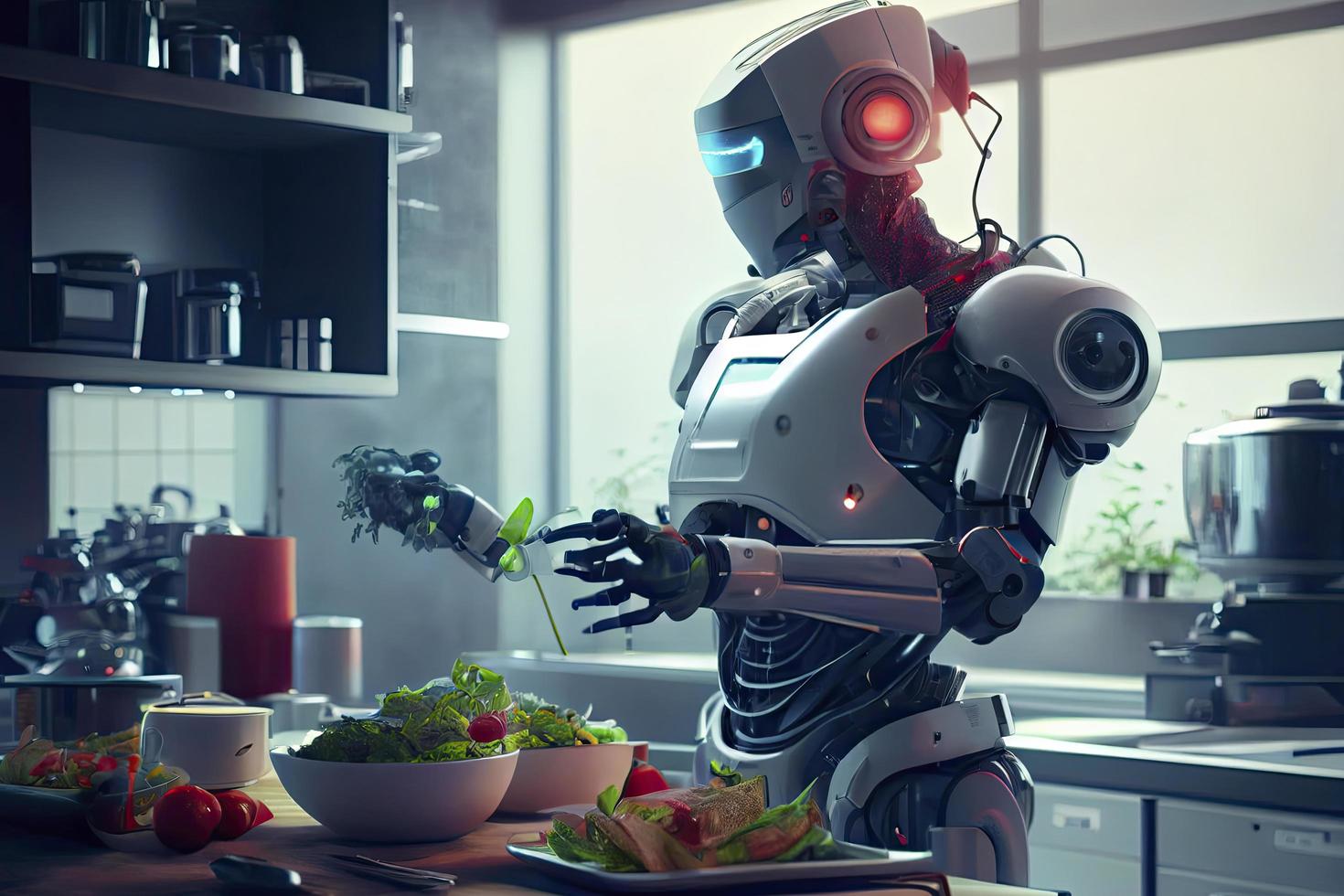 Robot chef cooking in kitchen of future home genius, smart robot working in modern house photo