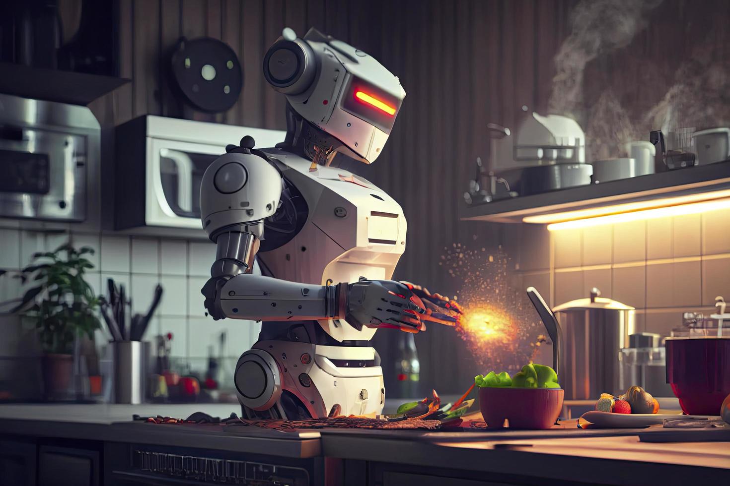 Robot chef cooking in kitchen of future home genius, smart robot working in modern house photo