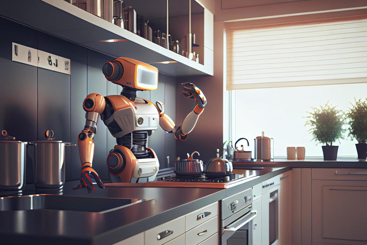 Robot chef cooking in kitchen of future home genius, smart robot working in modern house photo