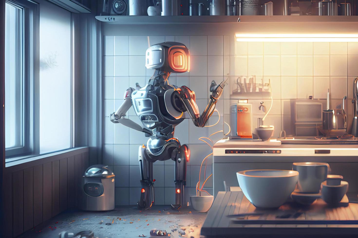 Robot chef cooking in kitchen of future home genius, smart robot working in modern house photo