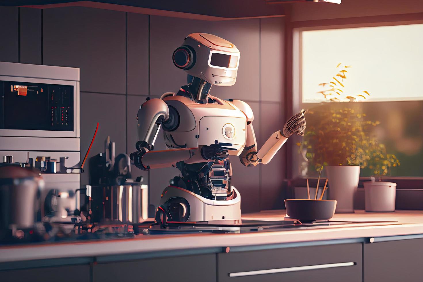 Robot chef cooking in kitchen of future home genius, smart robot working in modern house photo