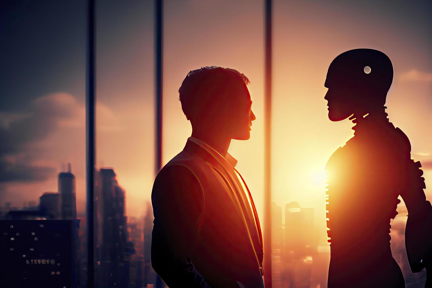 Robot technology helps industry 4.0 artificial intelligence trend concept businessman silhouette talking to consultant robo automation photo