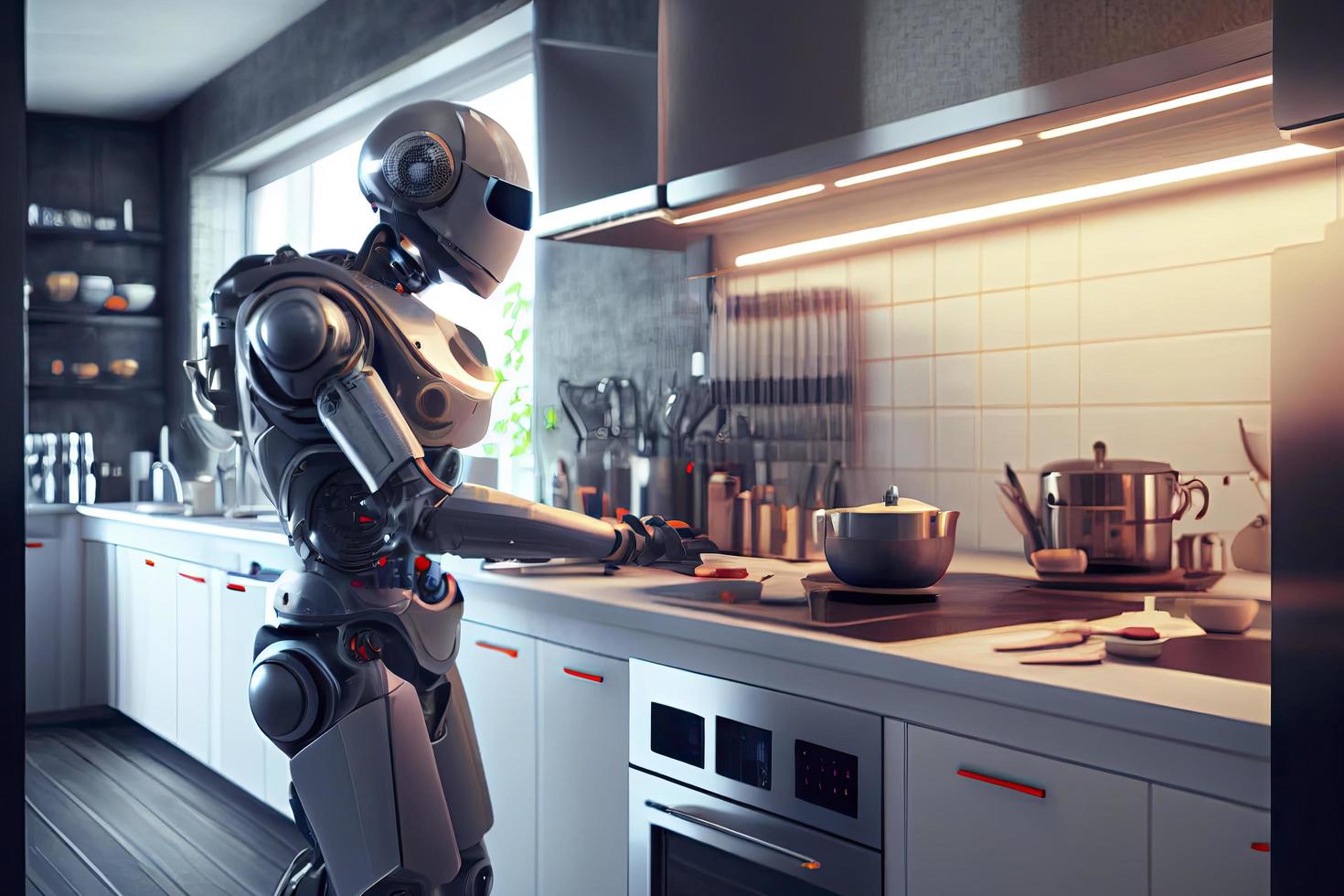 Robot chef cooking in kitchen of future home genius, smart robot working in modern house photo