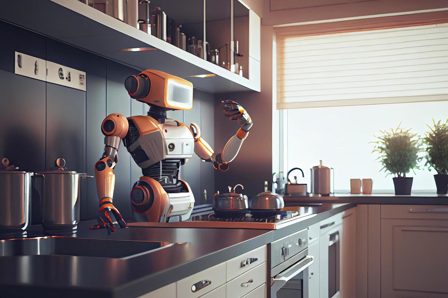 Robot chef cooking in kitchen of future home genius, smart robot working in modern house photo
