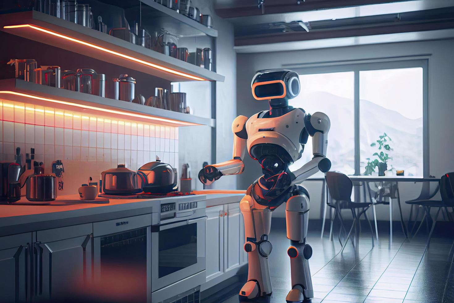 Robot chef cooking in kitchen of future home genius, smart robot working in modern house photo