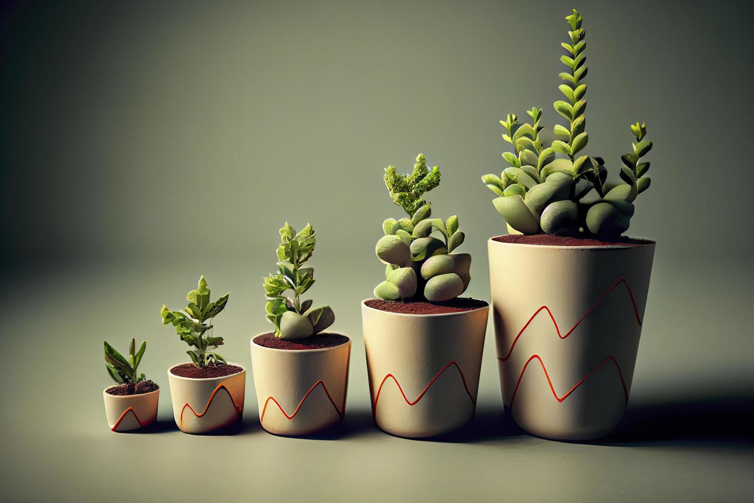 Small plants in growing graph-like pots photo