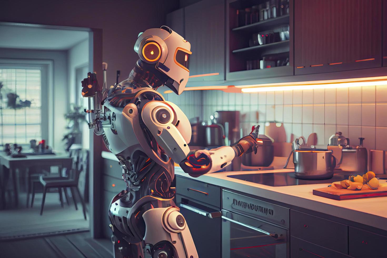 Robot chef cooking in kitchen of future home genius, smart robot working in modern house photo