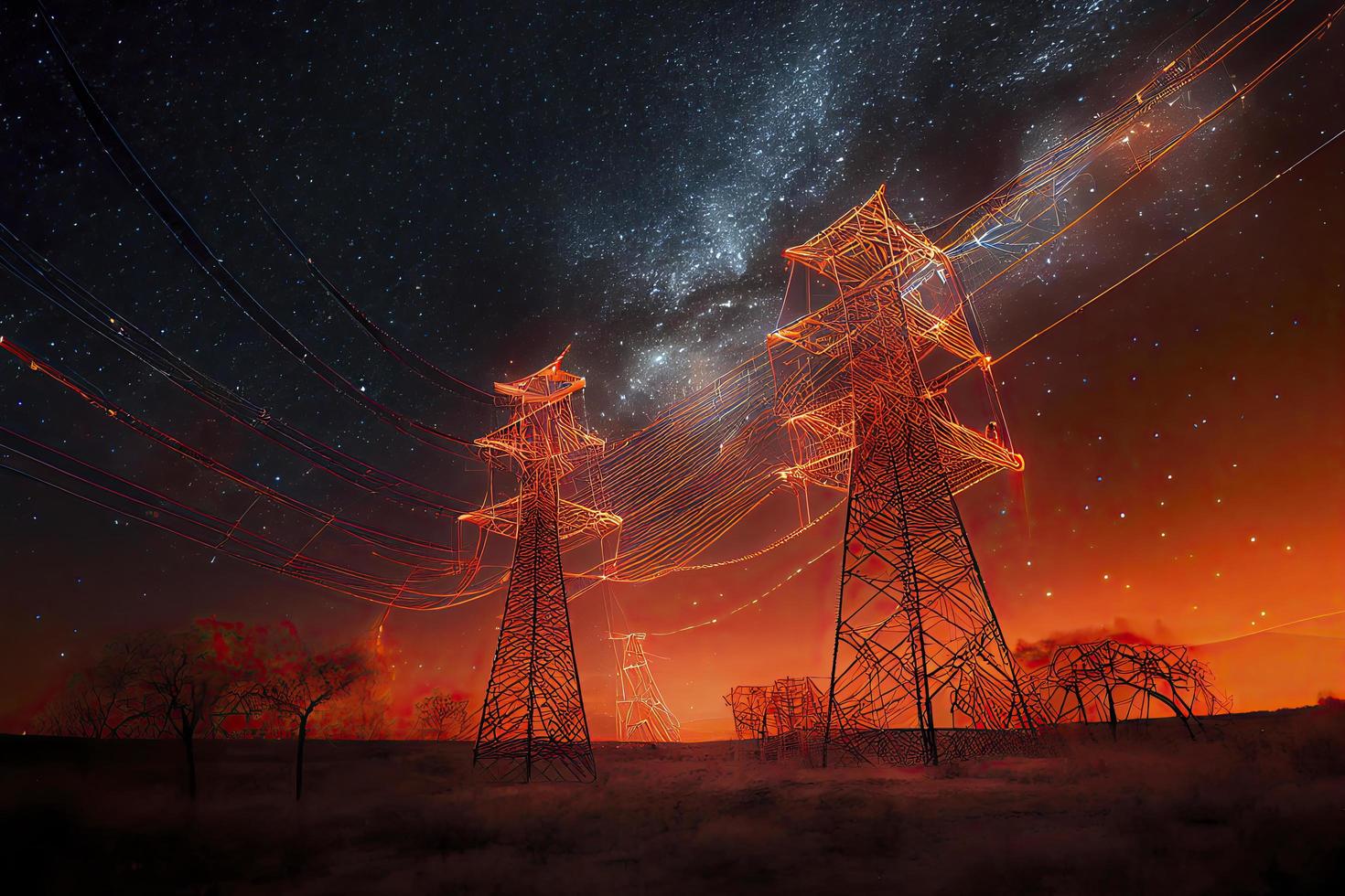 Electricity transmission towers with orange glowing wires the starry night sky photo